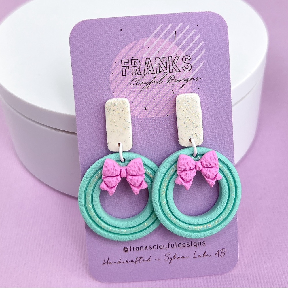 Christmas Wreath Design Handmade Polymer Clay Dangle Earrings Top Bow